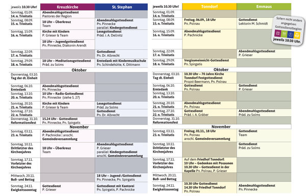 Tabelle Gottesdienste - Copyright: Kirchen im Wandsetal