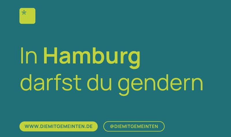 Schriftzug in gelg auf blauem Grund In Hamburg darfst du gendern