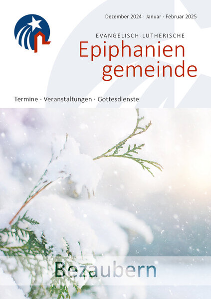 Cover Gemeindebrief 83 Ev.-luth. Epiphaniengemeinde Titel: Bezaubern Foto: Natur Tanne Zweig Schnee Flocken Sonne  - Copyright: mare grafikdesign – Marja Reher