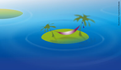 Illustration einer Insel mit 2 Palmen und 1 Hängematte - Copyright: Susanne Knötzele