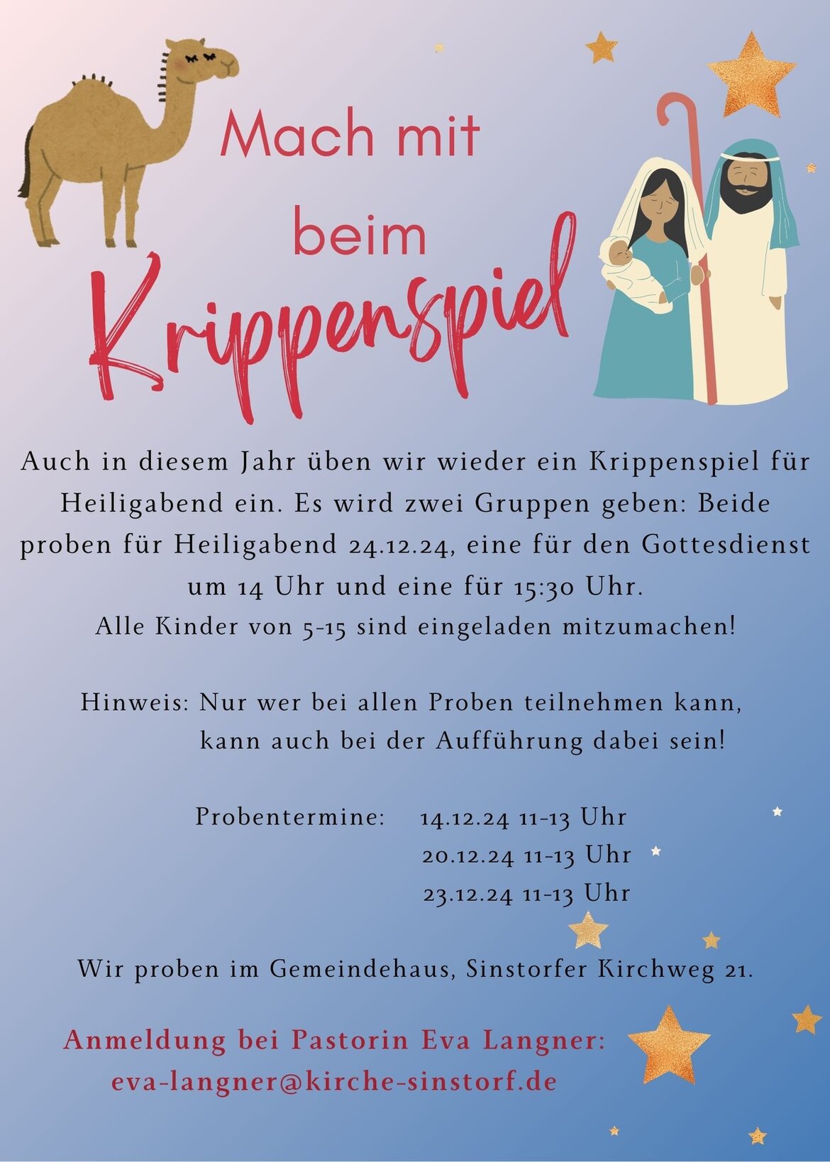 Mach mit beim Krippenspiel! Teilnahmeaufruf für Kinder 5-15 Jahre